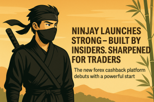 forex cashback rebate Anime-style illustration of a ninja on a rooftop holding cashback coins, representing Ninjay forex rebates.