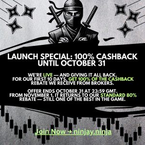forex cashback rebate Ninjay 100 percent cashback forex rebate launch promo until October 31 with ninja illustration and trading chart design.